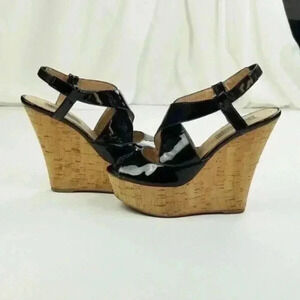 Steve Madden 7.5M Wheatley Women's Black Patent Cross Strap Leather Cork Wedge